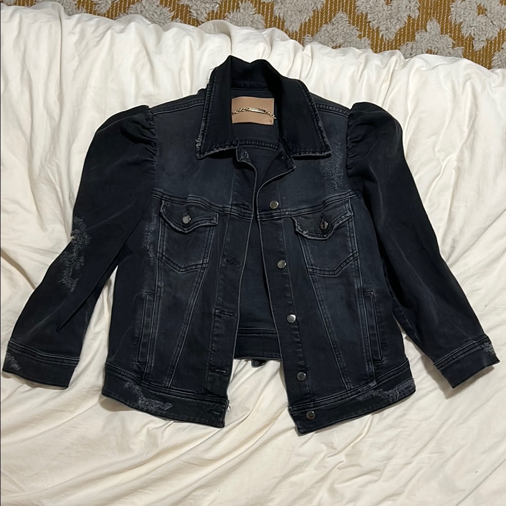 Retrofete Black Jean Jacket Cropped Puff Shoulder